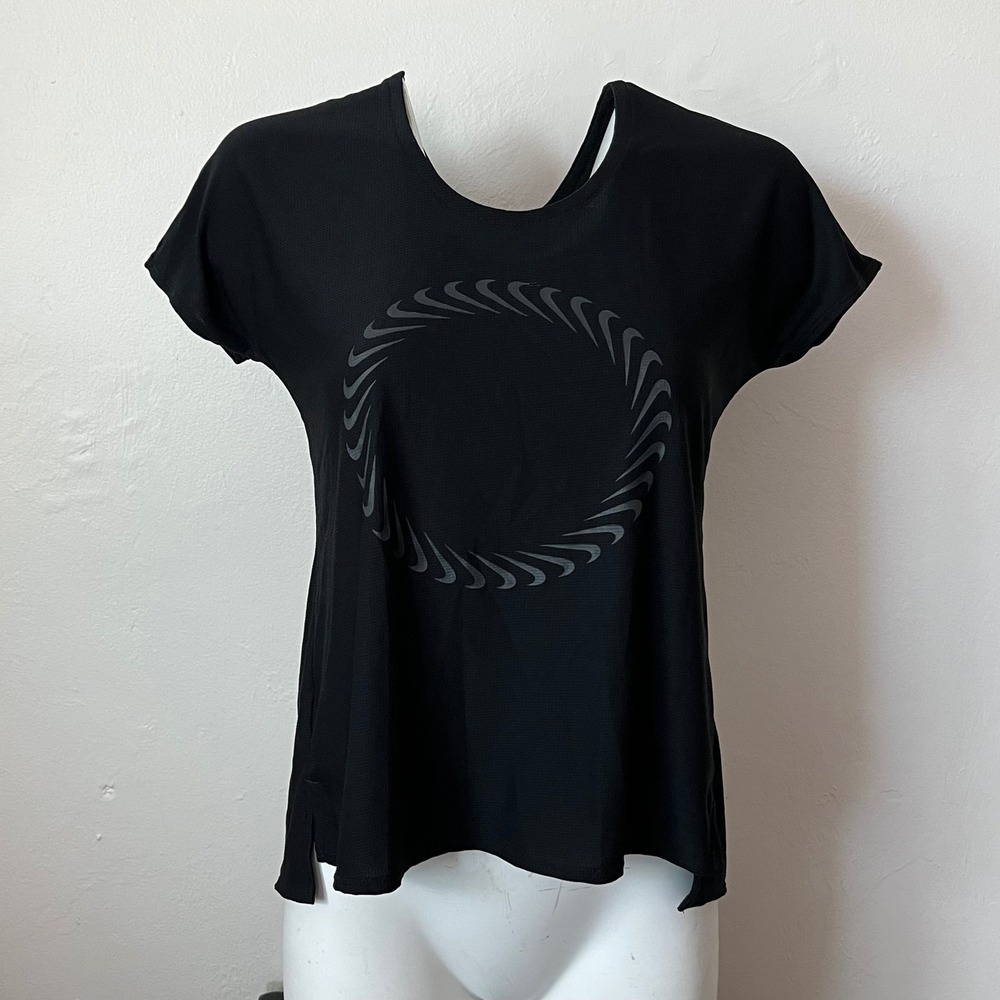 Nike Dri-FIT Womens Black Open Split Back Swoosh Graphic Training Shirt Small